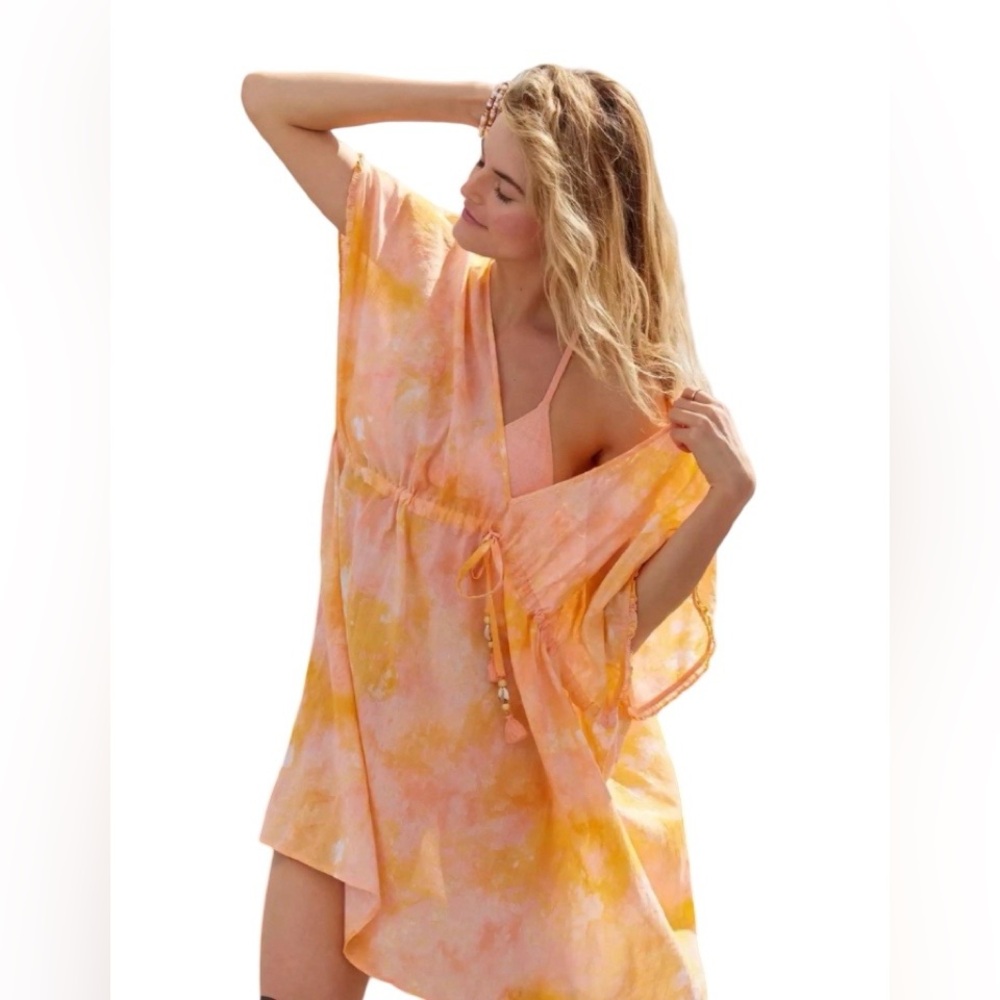 Aerie Swim Cover Up Small Orange  Peach Tie Dyed 100% Cotton Shell Drawstring